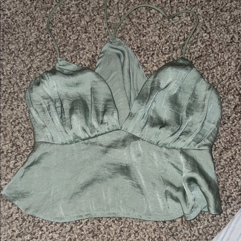 Satin Sage Green Spaghetti Strap Crop Top